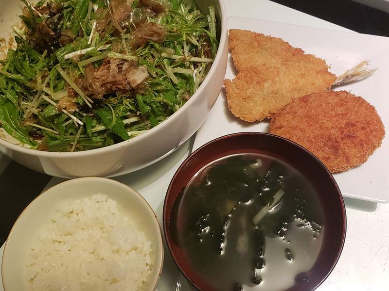 アジフライと野菜コロッケ＋水菜のサラダ